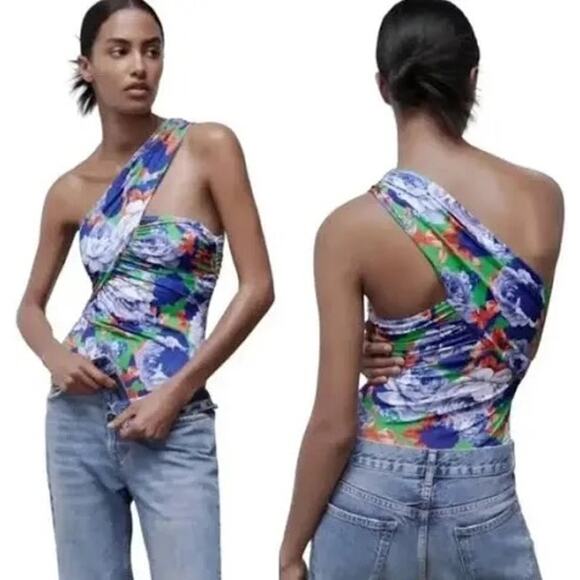 Zara Bodysuit Floral Multicolor One Shoulder Ruched Blue Green Floral M - Picture 1 of 5